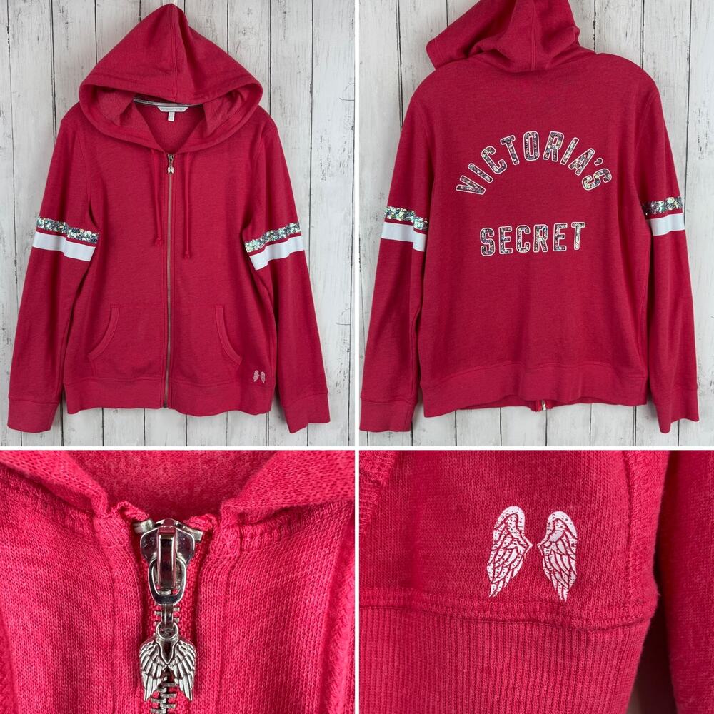 Victoria's Secret Pink Silver Sequin Bling Full Zip Hoodie Sweater Size Medium